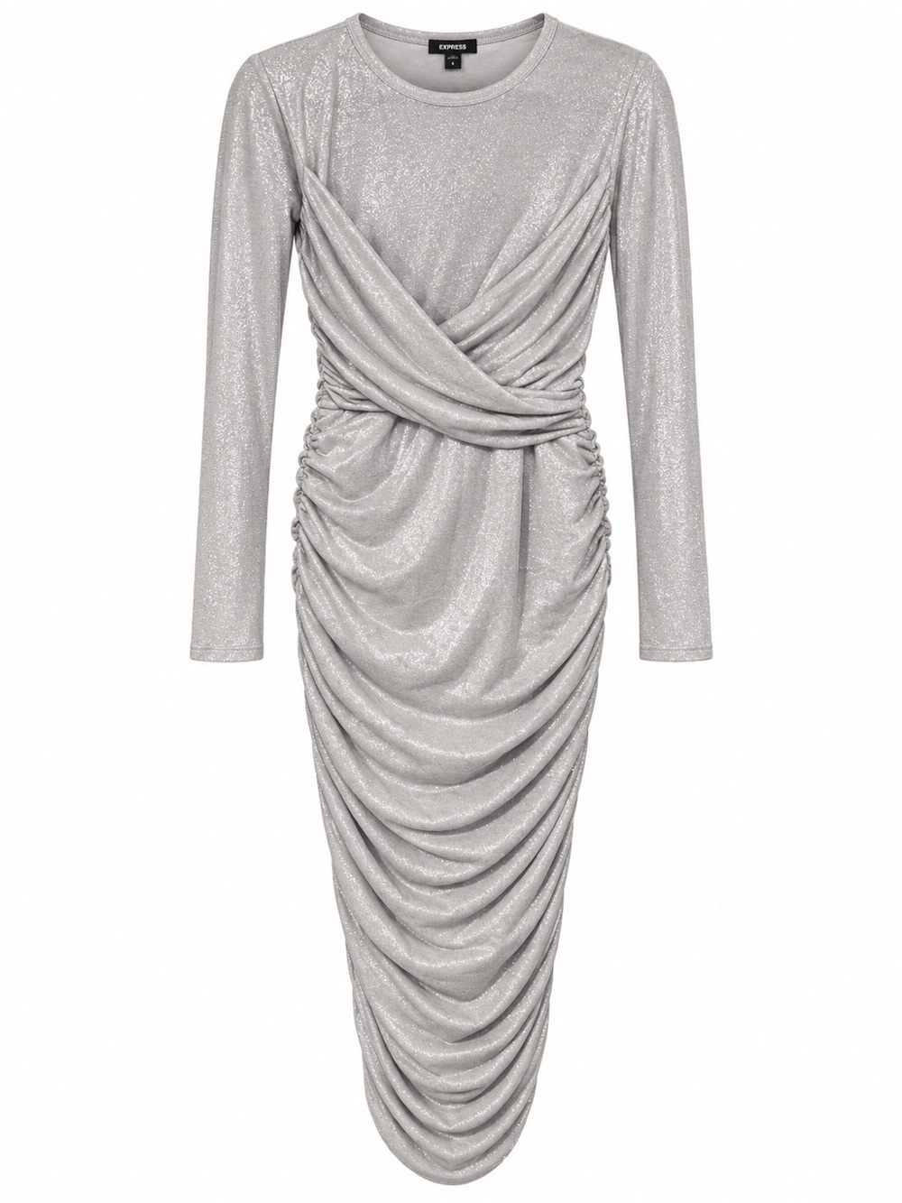 Express Silver Metallic Draped Ruched Long-Sleeve Midi Dress